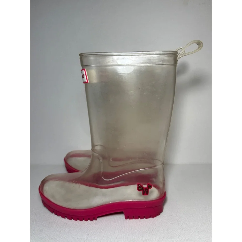 American Girl Wellie Wishers Willa Clear and Pink Rain Boots Girls Sz 12 EUC